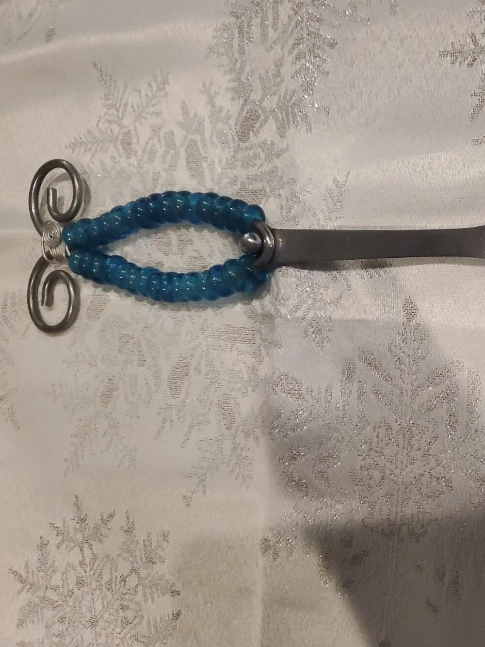 Salad Servers Silver Tone Blue Glass Beaded Handles Contemporary Coastal Dining